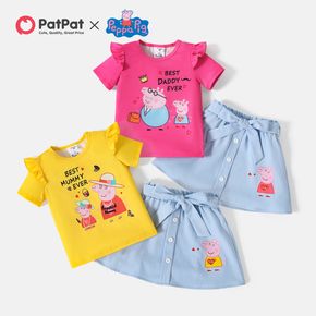 Pappa Pig 2pcs Toddler Girl Letter Print Ruffled Short-sleeve Tee and Button Design Belted Skirt Set