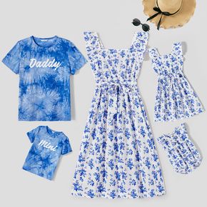 Family Matching 100% Cotton Short-sleeve Letter Print Tie Dye T-shirts andAllover Blue Floral Print Square Neck Ruffle Trim Sleeveless Dresses Sets