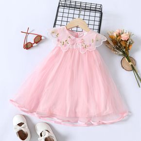 Dress Like Wind Toddler Girl Floral Embroidered Doll Collar Mesh Layered Sleeveless Pink Dress