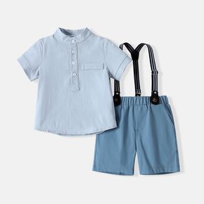 Mini Gentleman Toddler Boy 2pcs 100% Cotton Solid Stand Collar Short-sleeve Blue Shirt Top and Shorts with Suspenders Set