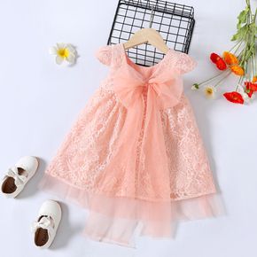 Dress Like Wind Toddler Girl Floral Lace Layered Mesh Bow Decor Cap-sleeve Pink Dress