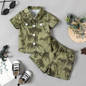 2pcs Baby Boy Allover Dinosaur Print Army Green Button Front Short-sleeve Shirt and Shorts Set