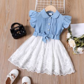 Dress Like Wind Toddler Girl Belt Decor Mesh Layered Flutter-sleeve Blue Dress