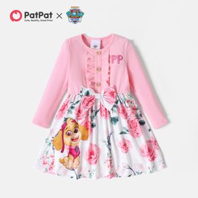 PAW Patrol Toddler Girl Floral Print Splice Bowknot Ruffled Long-sleeve Dress