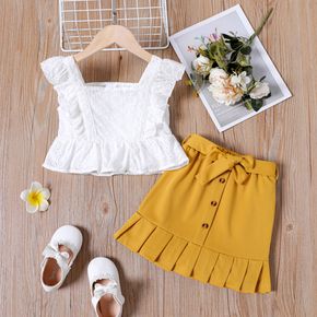 Mini Lady Toddler Girl 100% Cotton 2pcs Embroidery Lace Flutter-sleeve White Top and Pleated Yellow Skirt Set