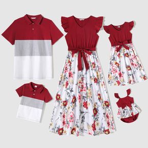 Family Matching Cotton Solid Flutter-sleeve Spliced Floral Print Dresses and Colorblock Short-sleeve Polo Shirts Sets