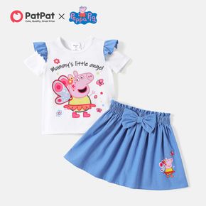 Peppa Pig 2pcs Toddler Girl Letter Print Ruffled Short-sleeve Tee and Bowknot Design Denim Shorts Set