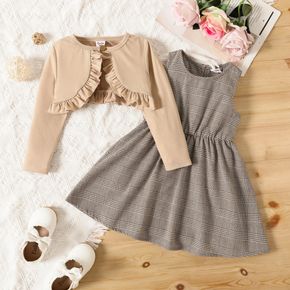 2pcs Toddler Girl Plaid Sleeveless Dress and Ruffled Long-sleeve Cardigan Set