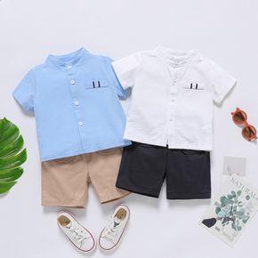Refreshing As Soda Toddler Boy 2pcs 100% Cotton Solid Stand Collar Short-sleeve Blue or White Shirt Top and Khaki or Black Shorts Set