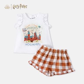 Harry Potter 2pcs Toddler Girl Letter Castle Print Ruffled Flutter-sleeve White Tee and Plaid Shorts Set