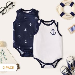 2-Pack Baby Girl 100% Cotton Anchor Print Sleeveless Tank Rompers Set
