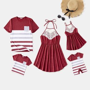 Family Matching Lace Spliced Halter Top and Short-sleeve Striped T-shirts