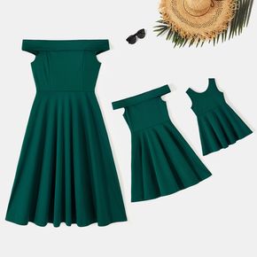 Dark Green Off Shoulder Strapless A-line Pleated Dress for Mom and Me