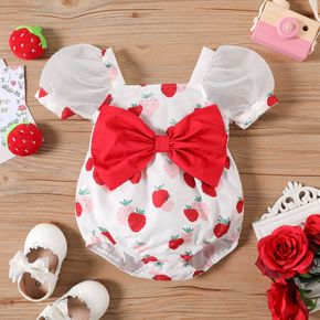 Baby Girl Bow Front Allover Strawberry Print Mesh Puff-sleeve Romper