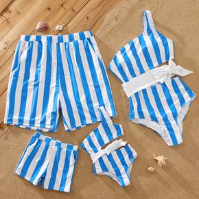 Family Matching Blue Striped One Shoulder Cut Out One-Piece Swimsuit and Swim Trunks Shorts