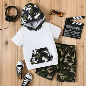 2pcs Kid Boy Camouflage Print Pocket Design Hooded Short-sleeve Tee and Shorts Set