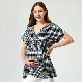 Maternity casual Plaid Print Deep V Neck Short Sleeve Shirt