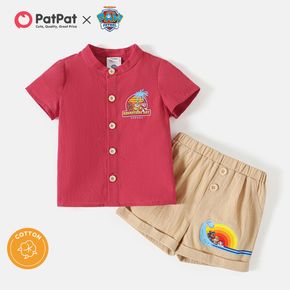 PAW Patrol 2pcs Toddler Boy 100% Cotton Letter Print Button Design Short-sleeve Red Shirt and Shorts Set