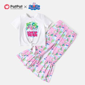 Peppa Pig Toddler Girl 2pcs Tie Knot Short-sleeve White Tee and Allover Print Flared Pants Set