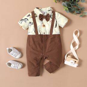 Baby Boy 100% Cotton Solid Bow Tie Spliced Animal & Plant Print Short-sleeve Jumpsuit