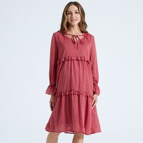 Red Lace Trim Lace-up Layered Long-sleeve Maternity Dress