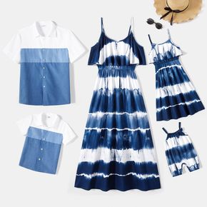 Family Matching Blue Tie Dye Flounce Cami Dresses and Short-sleeve Shirts Sets