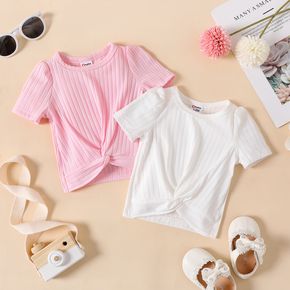 Baby-Mädchen einfarbiges Kurzarm-T-Shirt aus Rippstrick mit Drehknoten