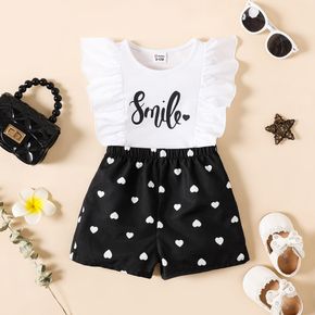2pcs Baby Girl Letter Print Ruffle Trim Tank Top and Allover Love Heart Print Shorts Set