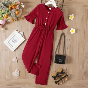 Kid Girl Bowknot Button Design Ribbed Burgundy Half-sleeve Jumpsuits