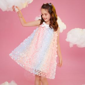 Kid Girl 3D Floral Design Bowknot Decor Mesh Halter Dress
