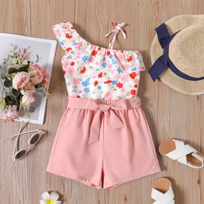 2pcs Toddler Girl Floral Print Flounce One Shoulder Bowknot Design Sleeveless Blouse and Belted Pink Shorts Set