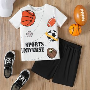 2pcs Kid Boy Letter Balls Print Short-sleeve White Tee and Elasticized Black Shorts Set