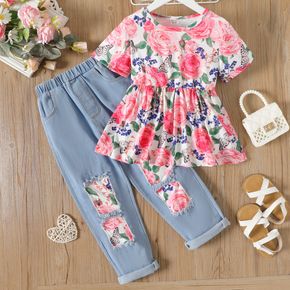 2pcs Kid Girl Floral Print Short-sleeve Peplum Tee and Patchwork Ripped Denim Jeans Set