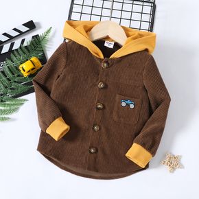 Toddler Boy Color Splice Vehicle Embroidery Hooded Corduroy Coat Jacket