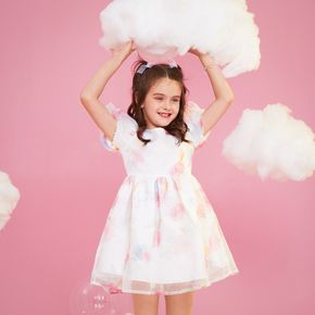 Kid Girl Floral Print Short Puff-sleeve Mesh Design Princess Party Dress