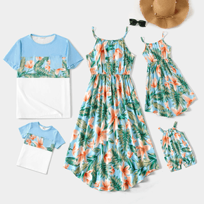 Family Matching Allover Floral Print Cami Dresses and Spliced Short-sleeve T-shirts Sets