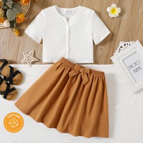2pcs Kid Girl Button Design Ribbed Short-sleeve White Cotton Tee and Bowknot Design Skirt Set