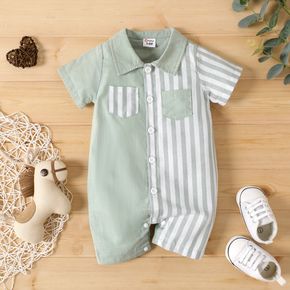 Baby Girl 100% Cotton Solid Spliced Striped Short-sleeve Romper