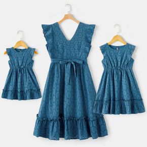 Blue Eyelet Embroidery Ruffle Trim Tank Dress for Mom and Me
