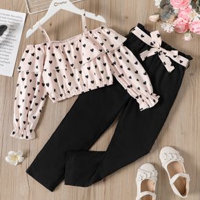 2pcs Kid Girl Heart Print Flounce Long-sleeve Camisole and Belted Black Straight Pants Set
