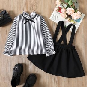 2-piece Toddler Girl Striped Ruffle Collar Long-sleeve Blouse and Solid Skirt with Suspender Skirt Set