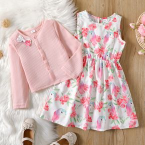 2-piece Kid Girl Bowknot Decor Button Knitted Cardigan and Unicorn Floral Print Sleeveless Dress Set