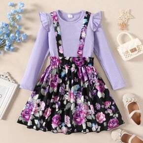 2pcs Kid Girl Ruffled Ribbed Long-sleeve Purple Tee and Floral Print Suspender Skirt Set