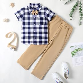 2pcs Kid Boy Preppy style Bow tie Design Lapel Collar Plaid Shirt and Khaki Pants Set