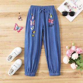 Kid Girl Butterfly Print Bowknot Design Elasticized Denim Jeans