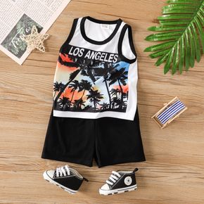 2pcs Baby Boy Coconut Tree & Letter Print Tank Top and Solid Shorts Set