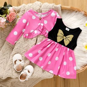 2pcs Baby Girl Butterfly Print Spliced Polka Dots Tank Dress and Ruffle Trim Long-sleeve Cardigan Set