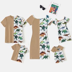 Family Matching Allover Dinosaur Print & Solid Spliced Short-sleeve Slim Fit Dresses and T-shirts Sets