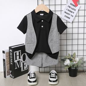 2pcs Toddler Boy  Gentleman Suit, Faux-two Vest Design Short-sleeve Polo Shirt and Gery Shorts Set