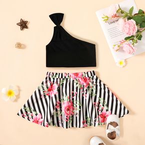 2pcs Baby Girl Solid One Shoulder Crop Tank Top and Stripe & Floral Print Skirt Set